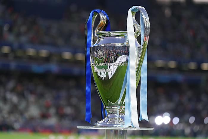 The UEFA Champions League trophy pictured at Istanbul's Ataturk Olympic Stadium ahead of the 2023 final between Manchester City and Inter Milan